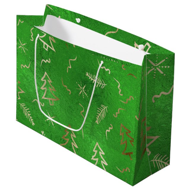 Sac cadeau de Noël Green Foil Gold Doodles (Devant Angle)