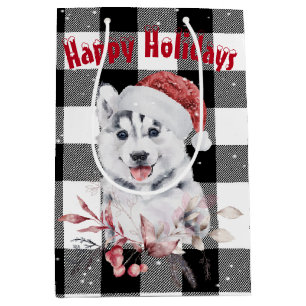 Sac cadeau de Noël Husky sur Buffalo plaqué moyen