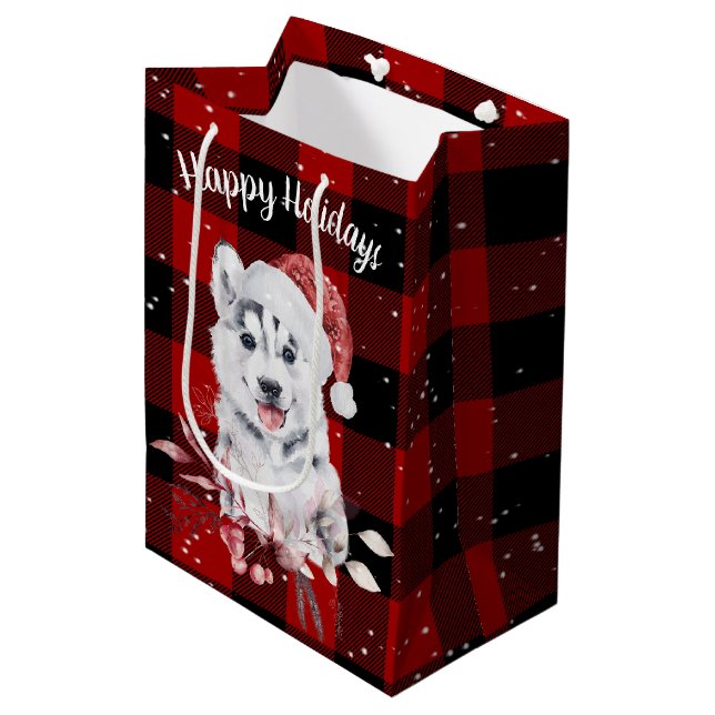 Sac cadeau de Noël Husky sur Buffalo plaqué moyen (Devant Angle)