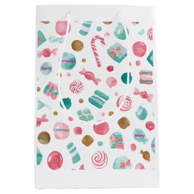 Sac cadeau de Noël moyen à la menthe et à la canne (Devant)