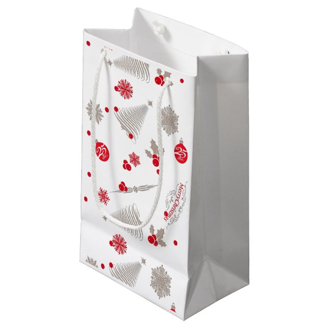 Sac cadeau de Noël rouge et argent - Petit, brilla (Devant Angle)