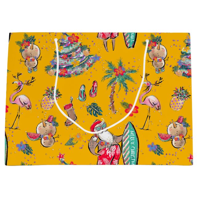Sac cadeau de Noël Tropical Père Noël Surfing (Devant)