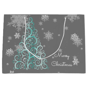 Sac cadeau de Noël turquoise Arbre et Snowflakes