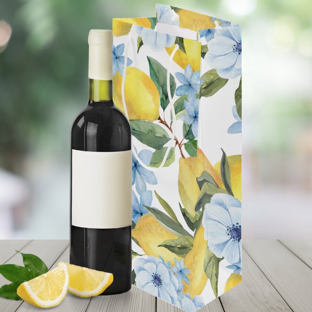 Sac Cadeau de Vin au Citron et Fleur à l'Aquarelle (Trendy Sweet Watercolor Lemon & Flower Wine Gift Bag in Dusty Slate Blue.)