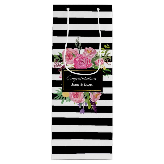 Sac cadeau de vin stylish Stripes et fleurs (Devant)