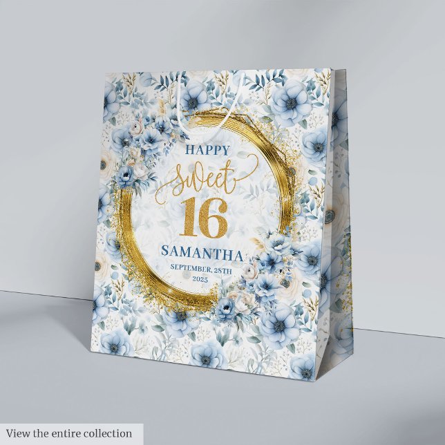 Sac cadeau élégant bleu clair doux 16 Parties scin (Stylish Light Blue Sweet 16 Gold Glitter Gift Bag)