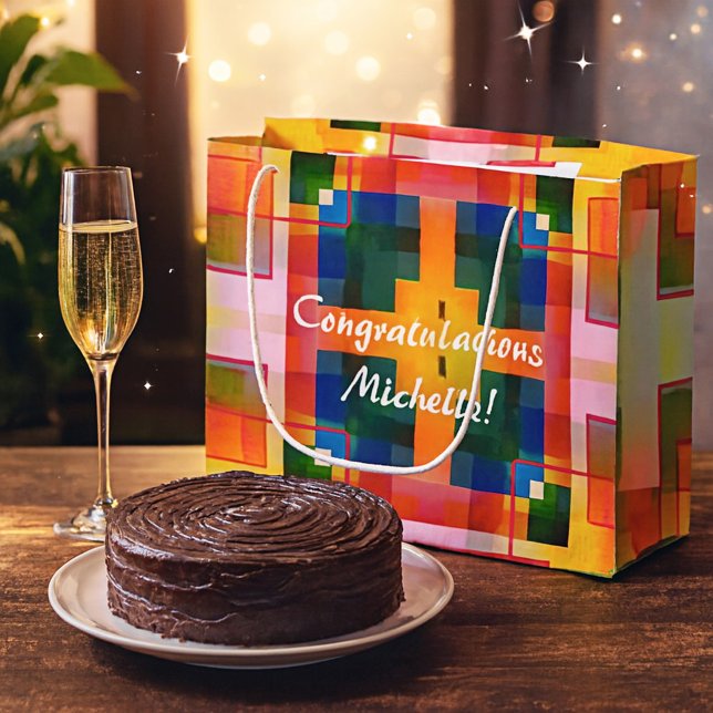 Sac cadeau Festive Abstrait coloré (Festive large gift bag with a colorful abstract geometric plaid pattern)