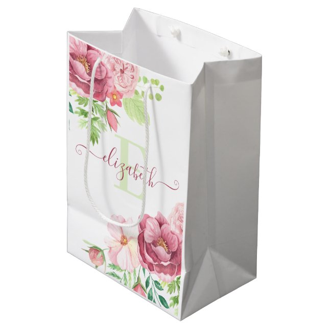 Sac cadeau floral aquarellisé avec monogramme (Devant Angle)