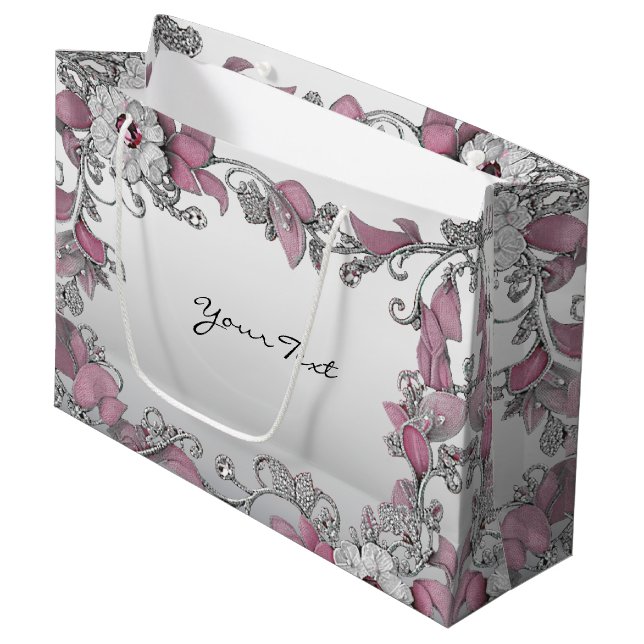 Sac Cadeau Floral Rose Argenté Blanc (Devant Angle)