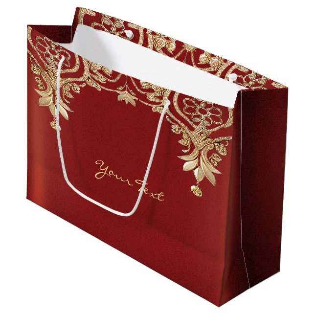 Sac Cadeau Floral Rouge Or Moderne (Devant Angle)