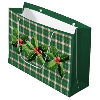 Sac cadeau grand plaid vert blanc de Noël