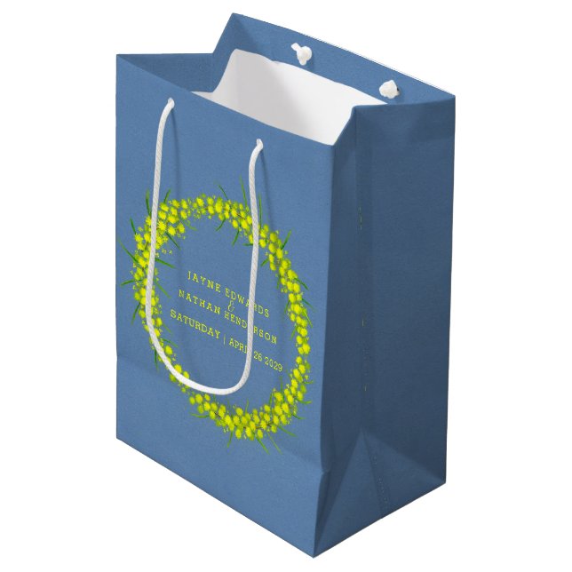 Sac cadeau mariage bleu wattle jaune (Devant Angle)