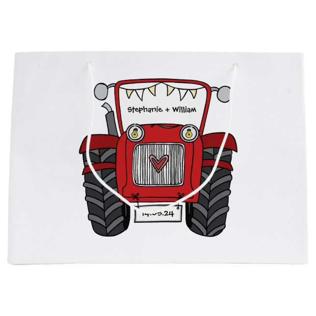 Sac cadeau Mariage campagnard tracteur rouge perso (Devant)