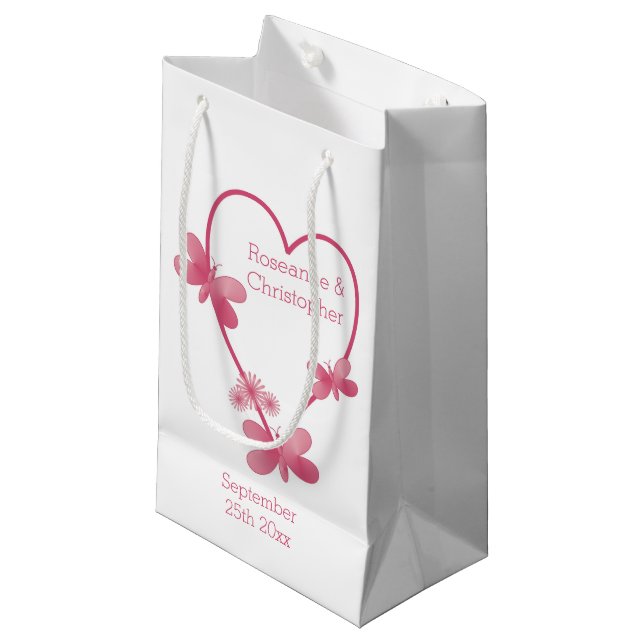 Sac Cadeau mariage Coeur Rose Et Papillons (Devant Angle)