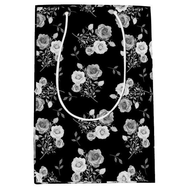 Sac cadeau mariage de roses noir et blanc (Devant)