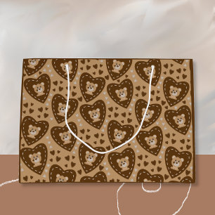 Sac cadeau motif visage d'ourson et cœur marron