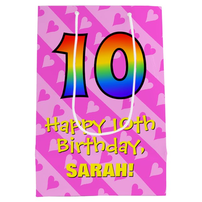 Sac Cadeau Moyen 10e anniversaire : Amusants Coeurs roses Stripes;  (Dos)