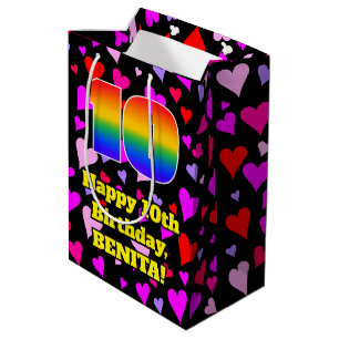 Sac Cadeau Moyen 10e anniversaire : Loving Hearts Motif, Arc-en-cie