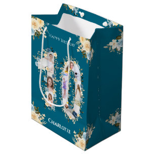 Sac Cadeau Moyen 10e anniversaire Photo Collage Turquoise Fleur Jau