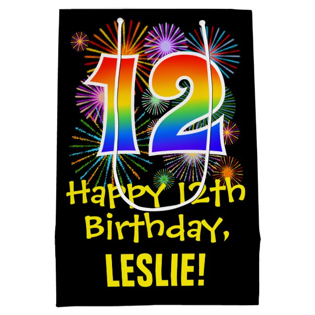 Sac Cadeau Moyen 12ème anniversaire : Fun Motif feux d'artifice + A (Dos)