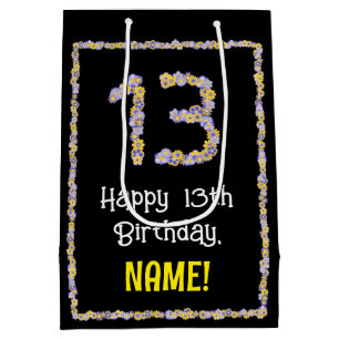 Sac Cadeau Moyen 13e anniversaire : Floral Flowers Numéro, Nom pers