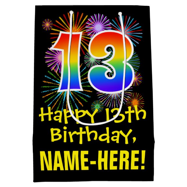 Sac Cadeau Moyen 13e anniversaire : Fun Fireworks Motif + Rainbow 1 (Dos)