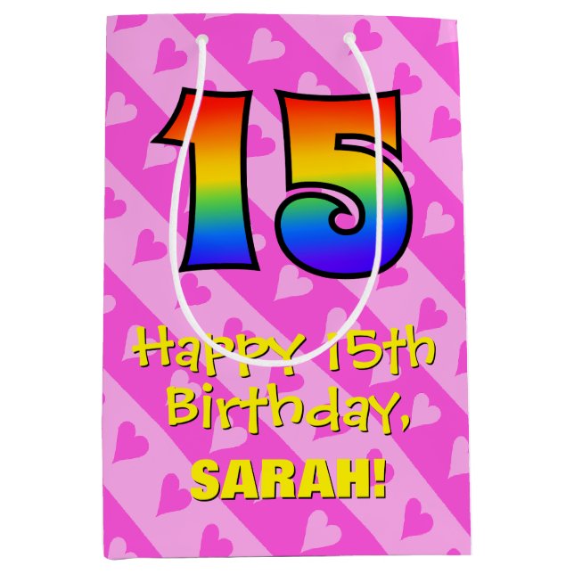 Sac Cadeau Moyen 15e anniversaire : Amusants Coeurs roses Stripes;  (Devant)