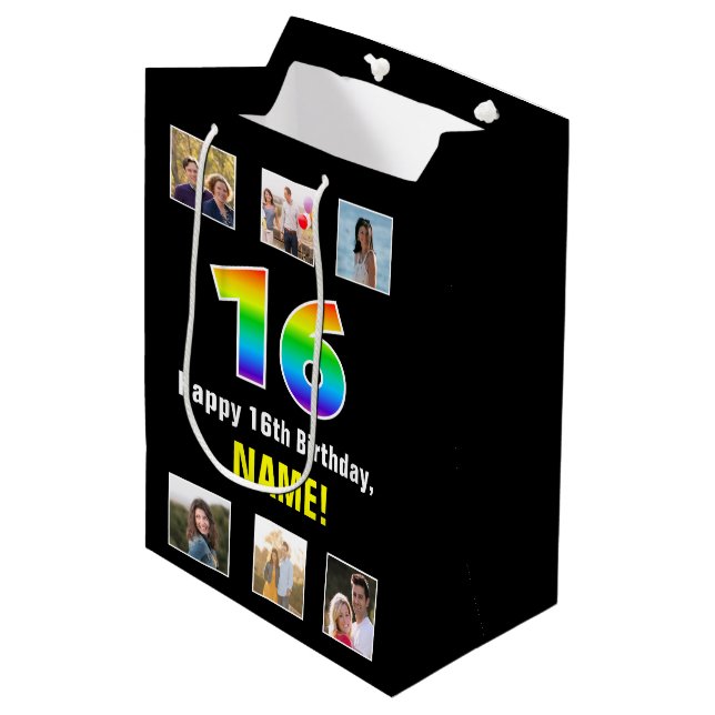 Sac Cadeau Moyen 16e anniversaire : Arc-en-ciel "16", photos person (Devant Angle)