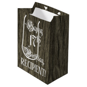 Sac Cadeau Moyen 17ème anniversaire : fantaisie, Faux Wood Look + N