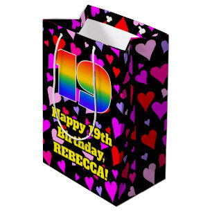 Sac Cadeau Moyen 19e Birthday: Patters de Loving Hearts, Rainbow # 