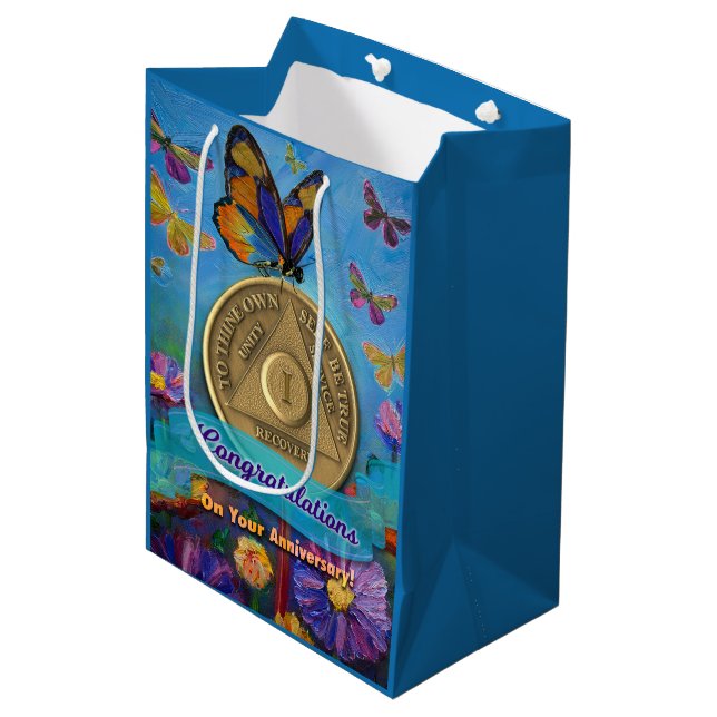 Sac Cadeau Moyen 1 An An An Anniversaire Mouches Papillons (Devant Angle)