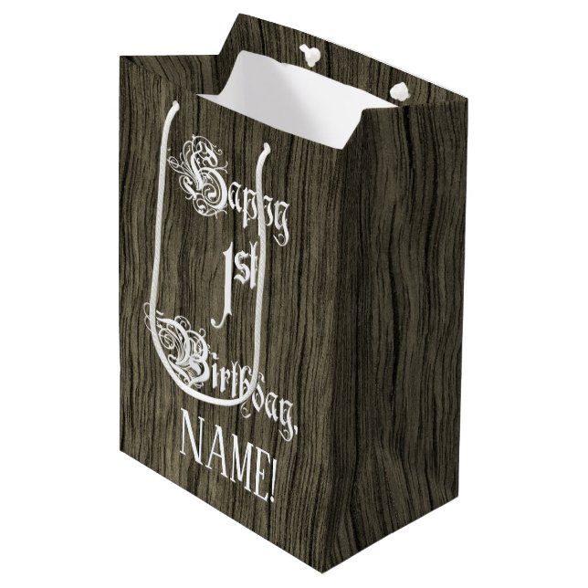 Sac Cadeau Moyen 1er anniversaire : Fancy, Faux Wood Look + Nom per (Devant Angle)