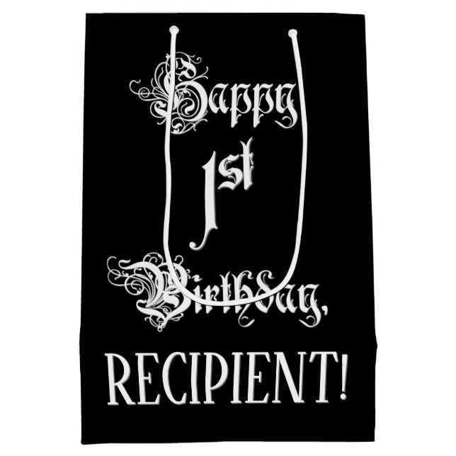 Sac Cadeau Moyen 1er anniversaire : fantaisie, élégant script + Nom (Dos)