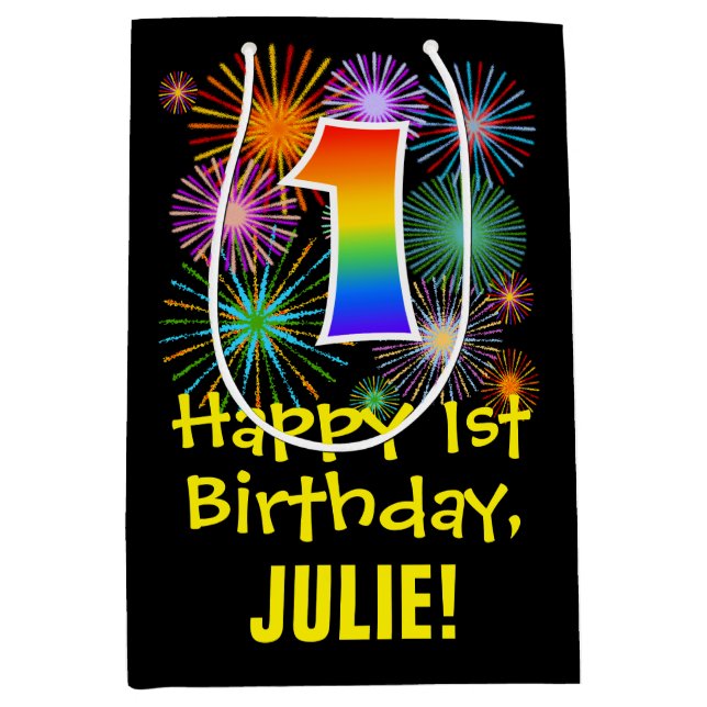 Sac Cadeau Moyen 1er anniversaire : Fun Motif Fireworks + Rainbow 1 (Devant)