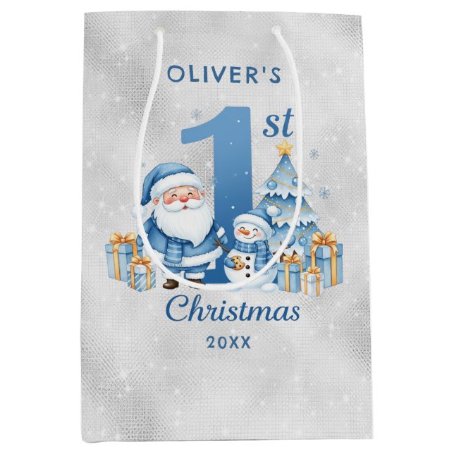 Sac Cadeau Moyen 1er Noël du Père Noël bleu (Devant)