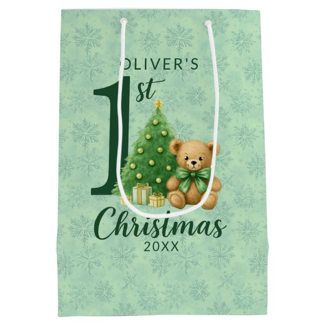 Sac Cadeau Moyen 1ère Ours en peluche de Noël avec arbre vert (Dos)