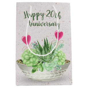 Sac Cadeau Moyen 20e Anniversaire Coeurs roses dans les succulents