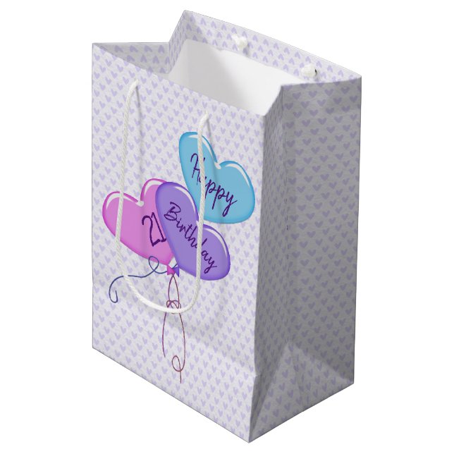 Sac Cadeau Moyen 21e Anniversaire Coeur Ballons (Devant Angle)