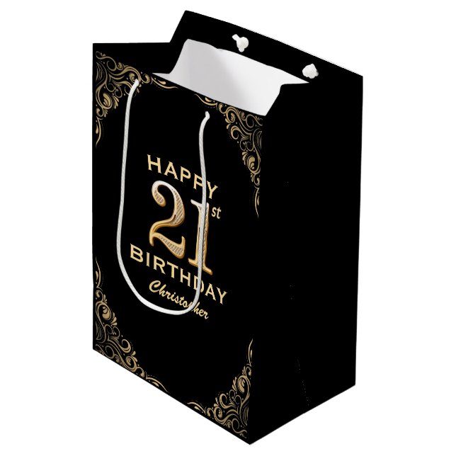 Sac Cadeau Moyen 21e anniversaire Parties scintillant noir et or ca (Devant Angle)