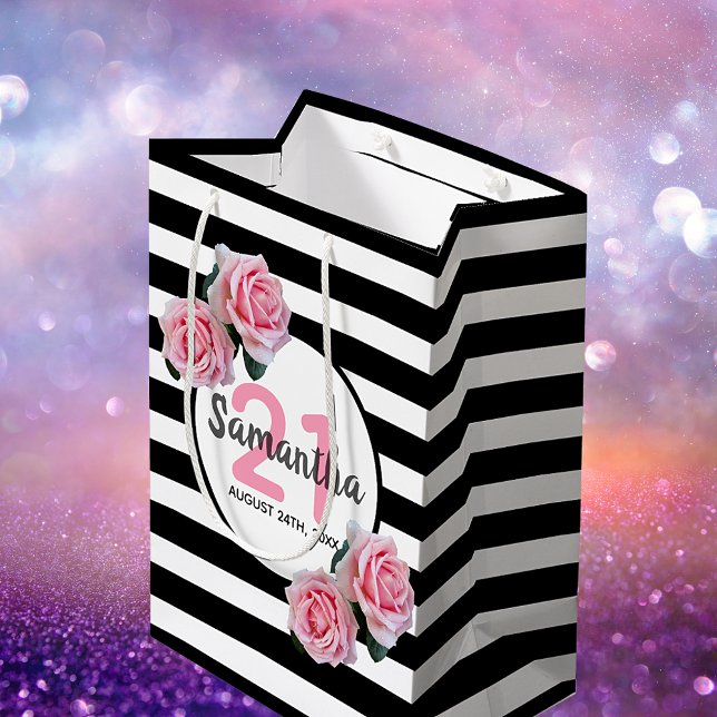 Sac Cadeau Moyen 21e anniversaire rose roses noir blanc rayures nom (Créateur téléchargé)