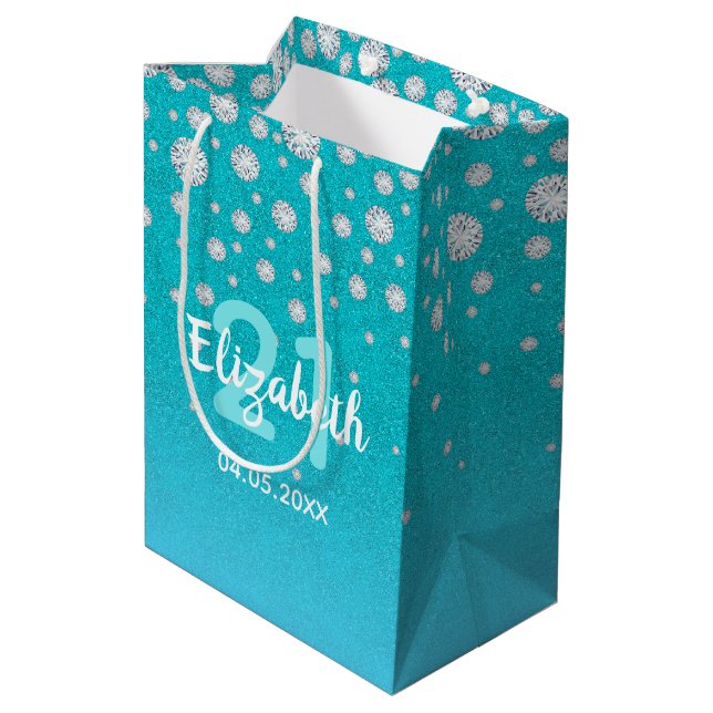 Sac Cadeau Moyen 21e anniversaire turquoise bleu vert parties scint (Dos Angle)
