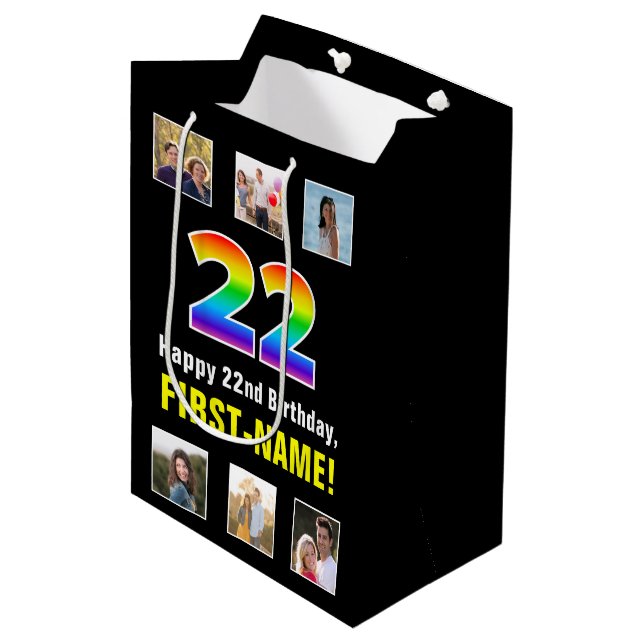 Sac Cadeau Moyen 22e anniversaire : Arc-en-ciel "22", photos et nom (Devant Angle)