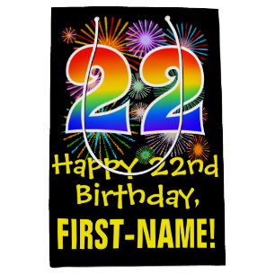 Sac Cadeau Moyen 22e anniversaire : Fun Motif Fireworks + Rainbow 2