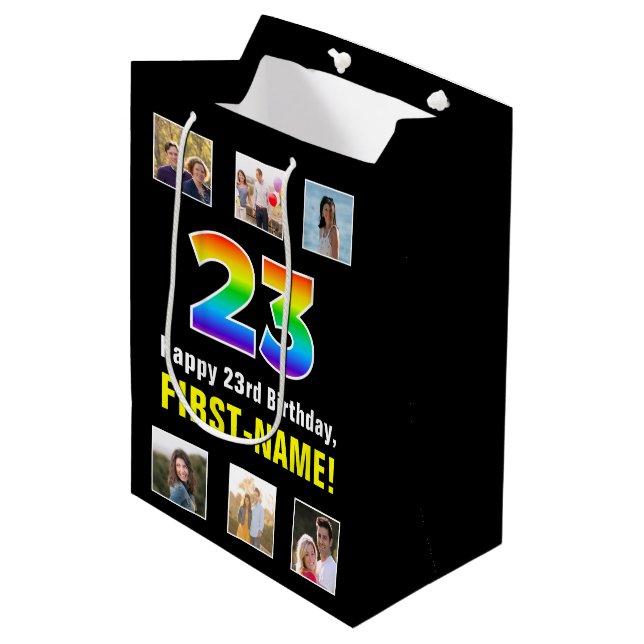 Sac Cadeau Moyen 23e anniversaire : Arc-en-ciel "23", photos person (Devant Angle)