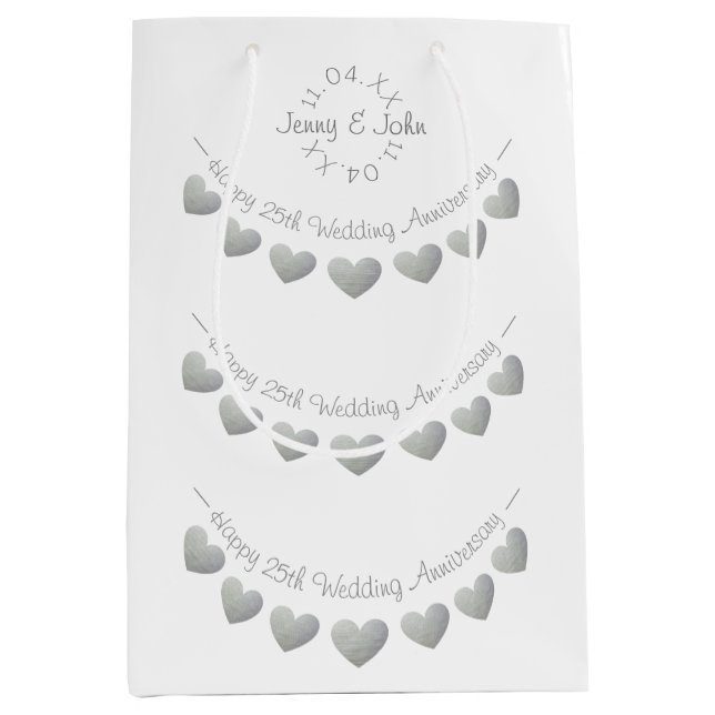 Sac Cadeau Moyen 25e anniversaire Mariage d'argent blanc (Devant)