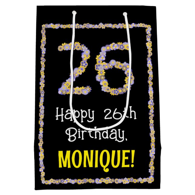 Sac Cadeau Moyen 26e anniversaire : Floral Flowers Numéro, Nom pers (Dos)