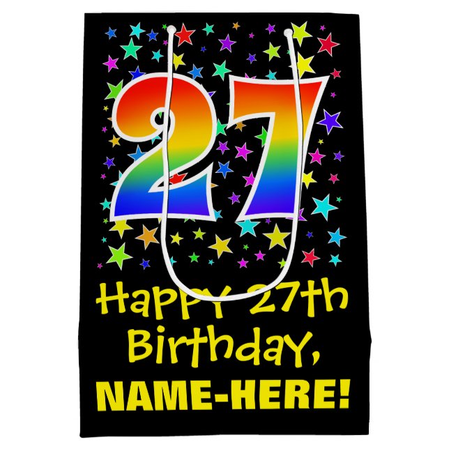 Sac Cadeau Moyen 27e anniversaire : Colorful Stars Motif & Rainbow  (Dos)
