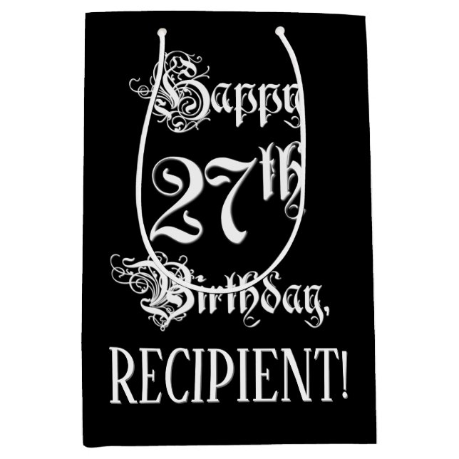 Sac Cadeau Moyen 27e anniversaire : fantaisie, élégant script + Nom (Devant)