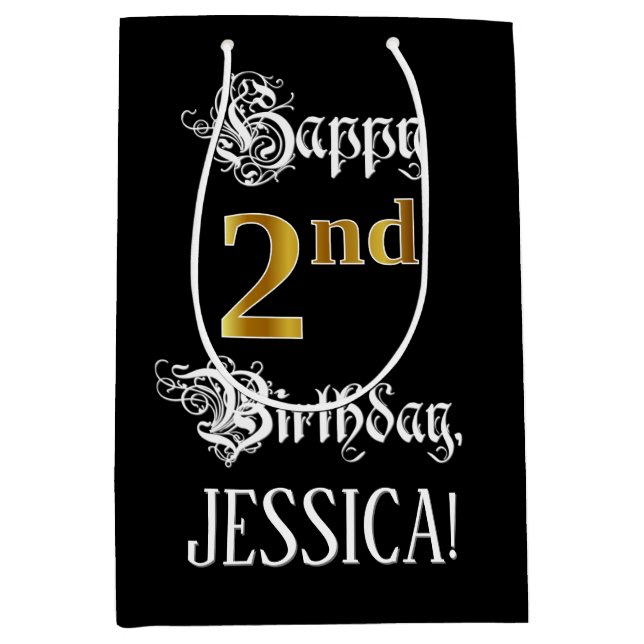 Sac Cadeau Moyen 2e anniversaire ~ Script fantaisie; look or Faux;  (Devant)