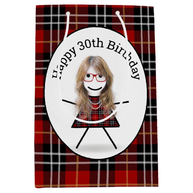 Sac Cadeau Moyen 30e Anniversaire Stick Girl sur Tartan Plaid (Devant)